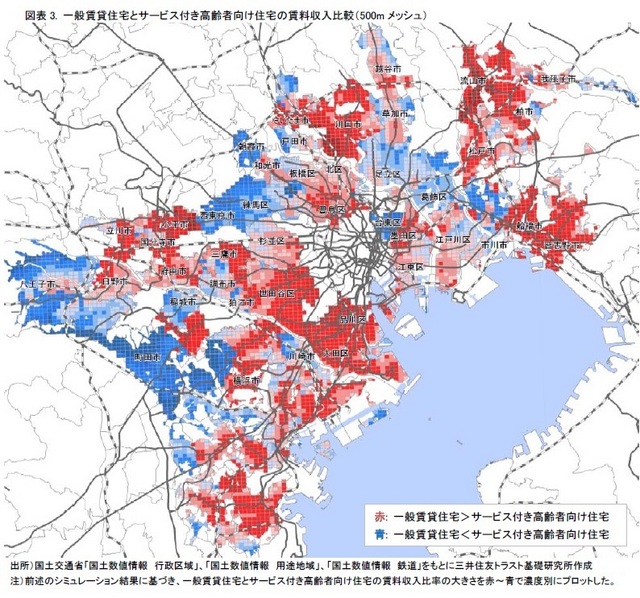 クリックで拡大　　図表3. 一般賃貸住宅とサービス付き高齢者向け住宅の賃料収入比較（500mメッシュ）